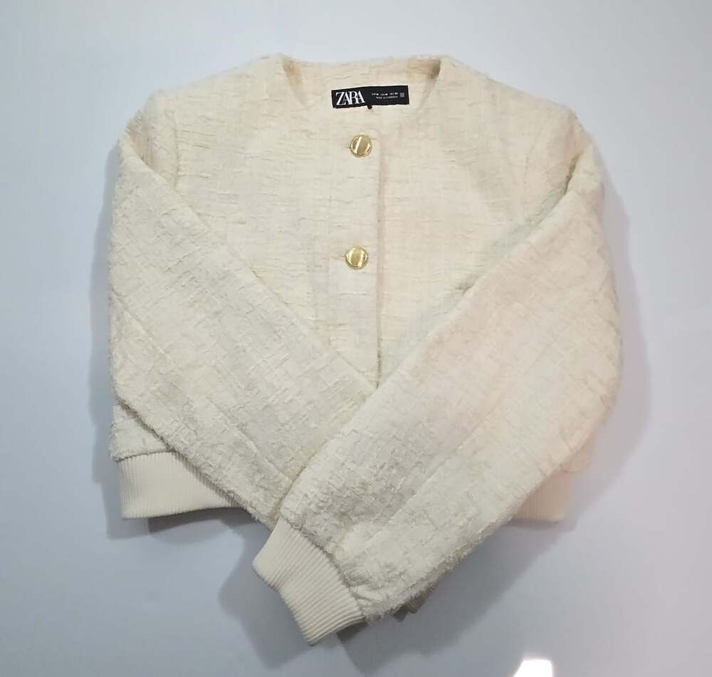 Zara Ecru Textured Boucle Tweed Bomber Jacket Gold Buttons Size M